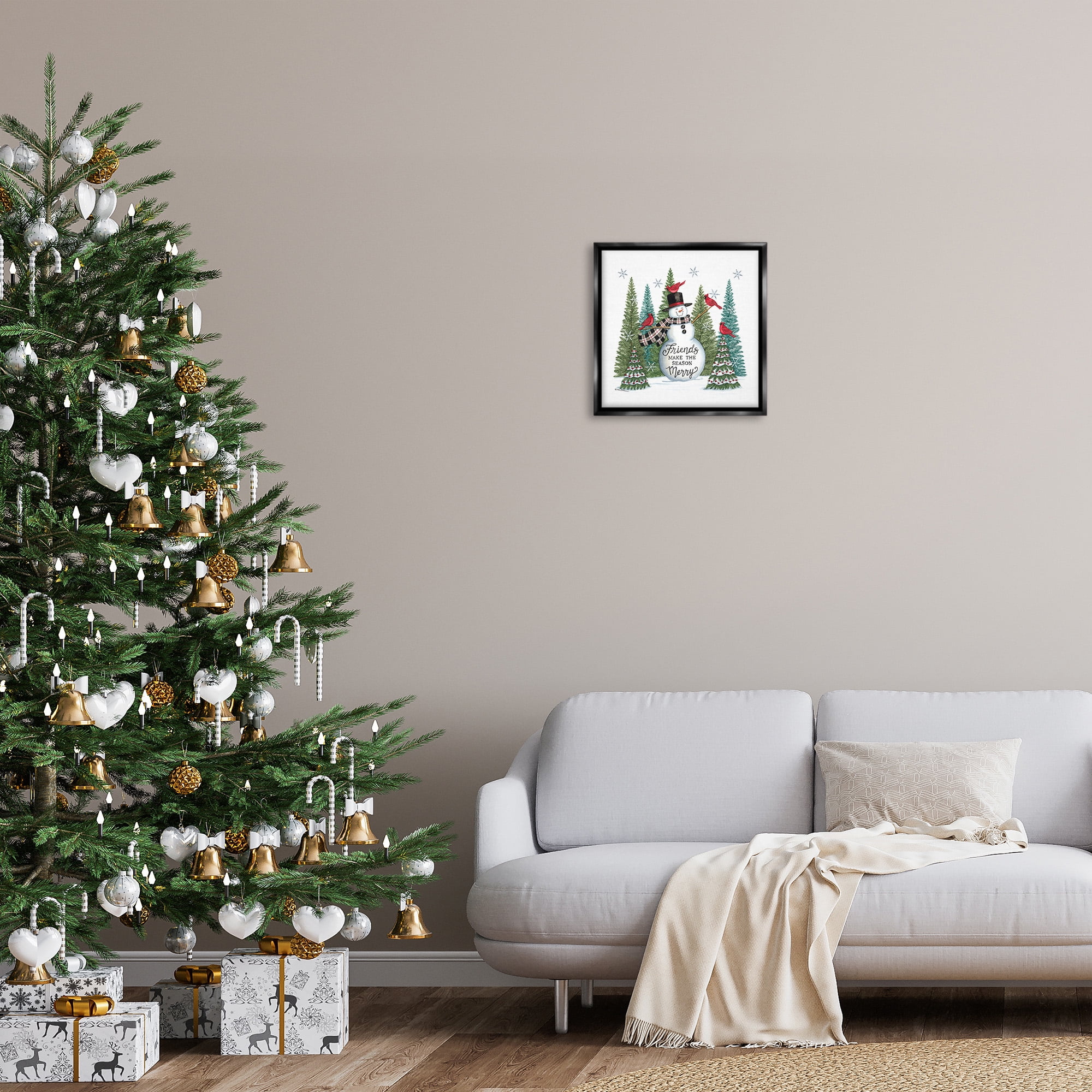 Stupell Industries Winter Friendship Snowman Holiday Painting Black Floater Framed Canvas Art Print Wall Art, 18 x 18