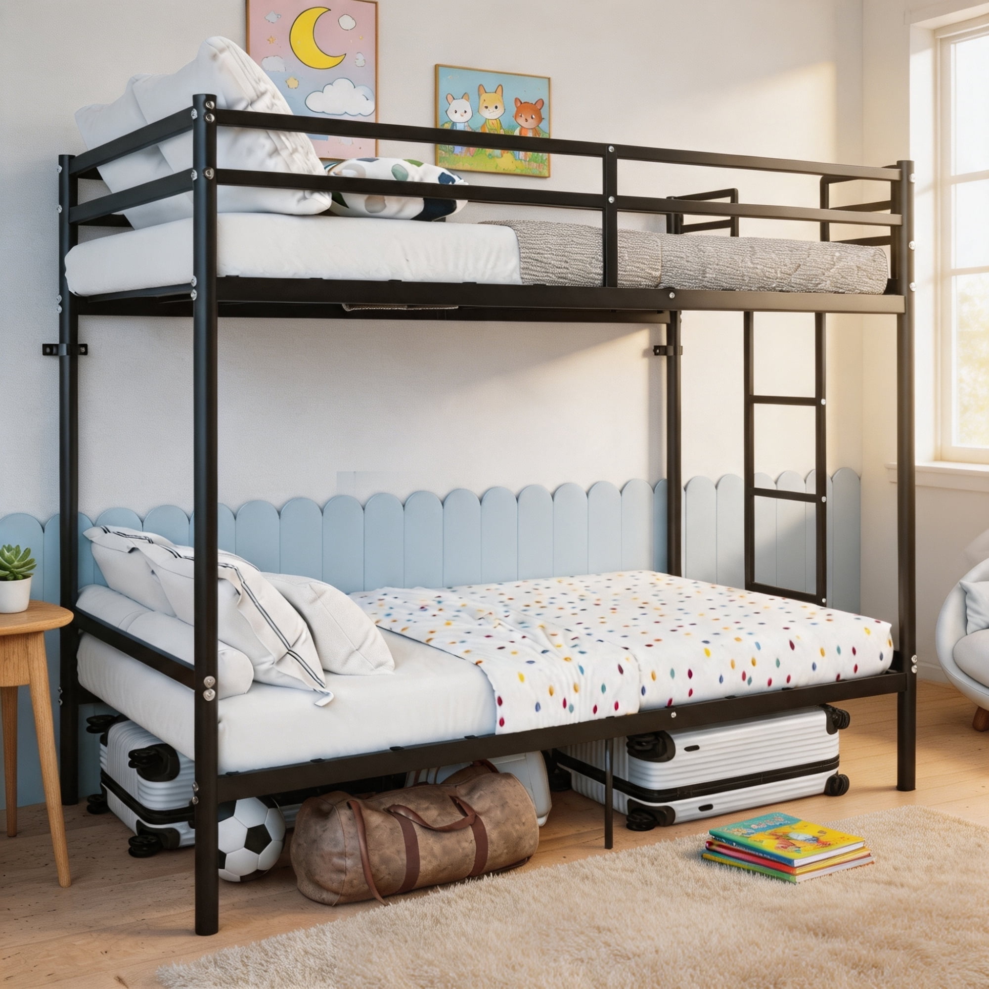Leumius Metal Bunk Bed Twin Over Twin,Heavy Duty Sturdy Steel Bed Bed Frame with Ladder & Full-Length Guardrails,No Box Spring Needed,Black