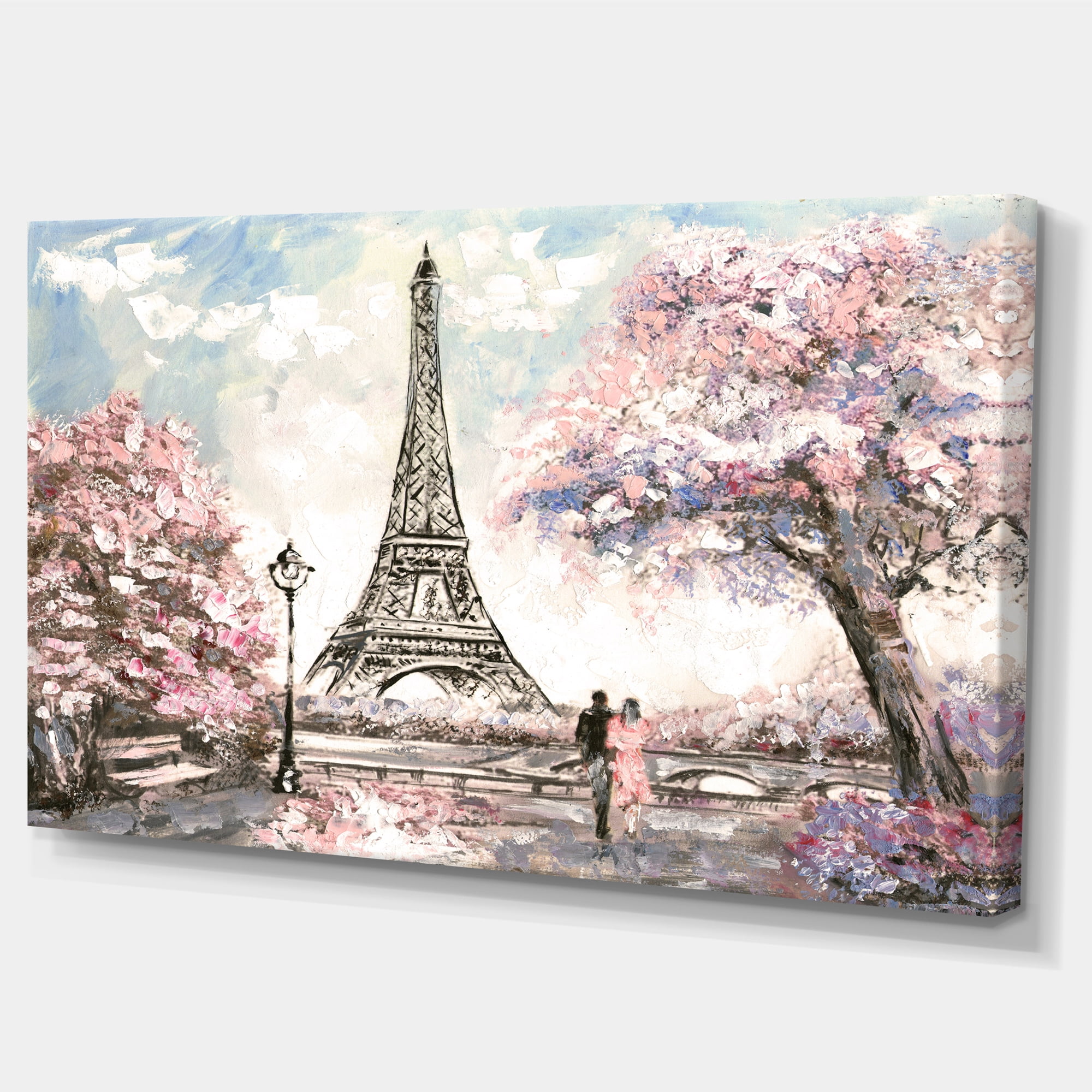Designart 'Eiffel with Pink Flowers ' Landscape Canvas Art Print