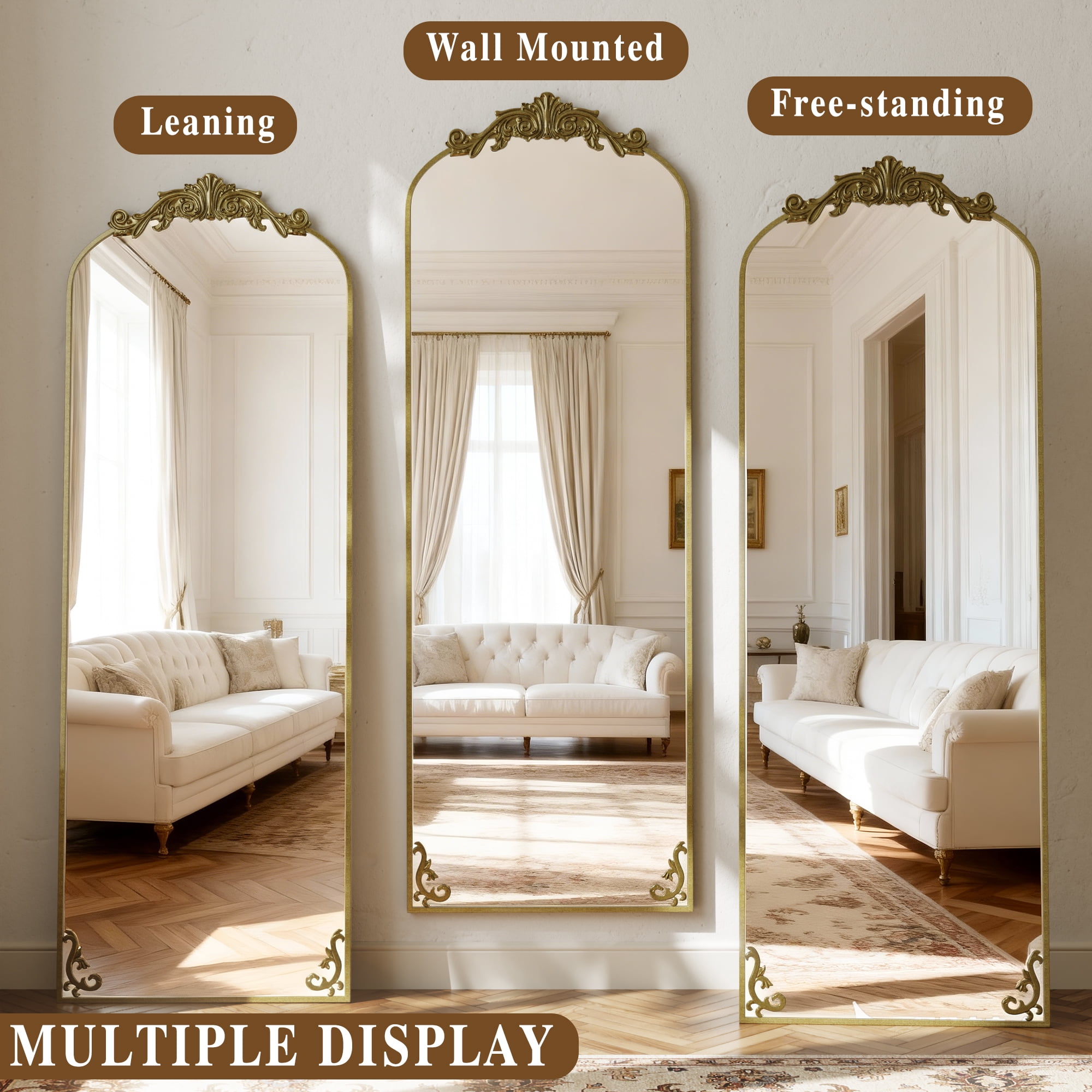 AUROMIR 70"x 24" Arched Full Length Mirror Vintage Floor Mirror with Carved Metal Frame, Gold