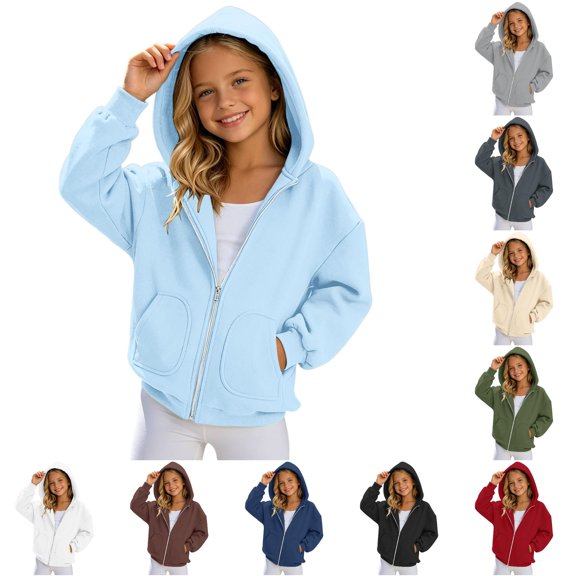 MEZZALL Girls Zip Up Hooded Sweatshirt Solid Color Casual Hoodie Jacket For Kids Lightweight Comfortable Daily Wear Long Sleeve Fall 2026 Tops , Light Blue