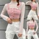 thumbnail image 2 of Women Fake 2pcs Sheer Lace Long Sleeve Turtleneck Crop Top with Pink Button Vest, 2 of 4