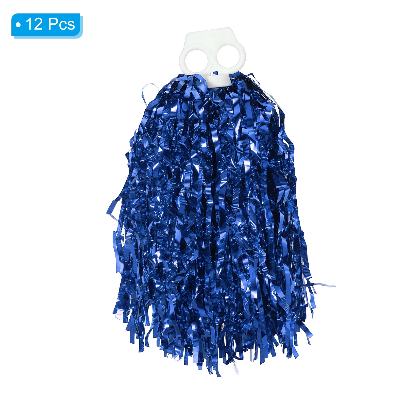 Cheerleading Pom Poms with Finger Holes Metallic Foil Cheering Hand Flower, Blue, 12 Pack