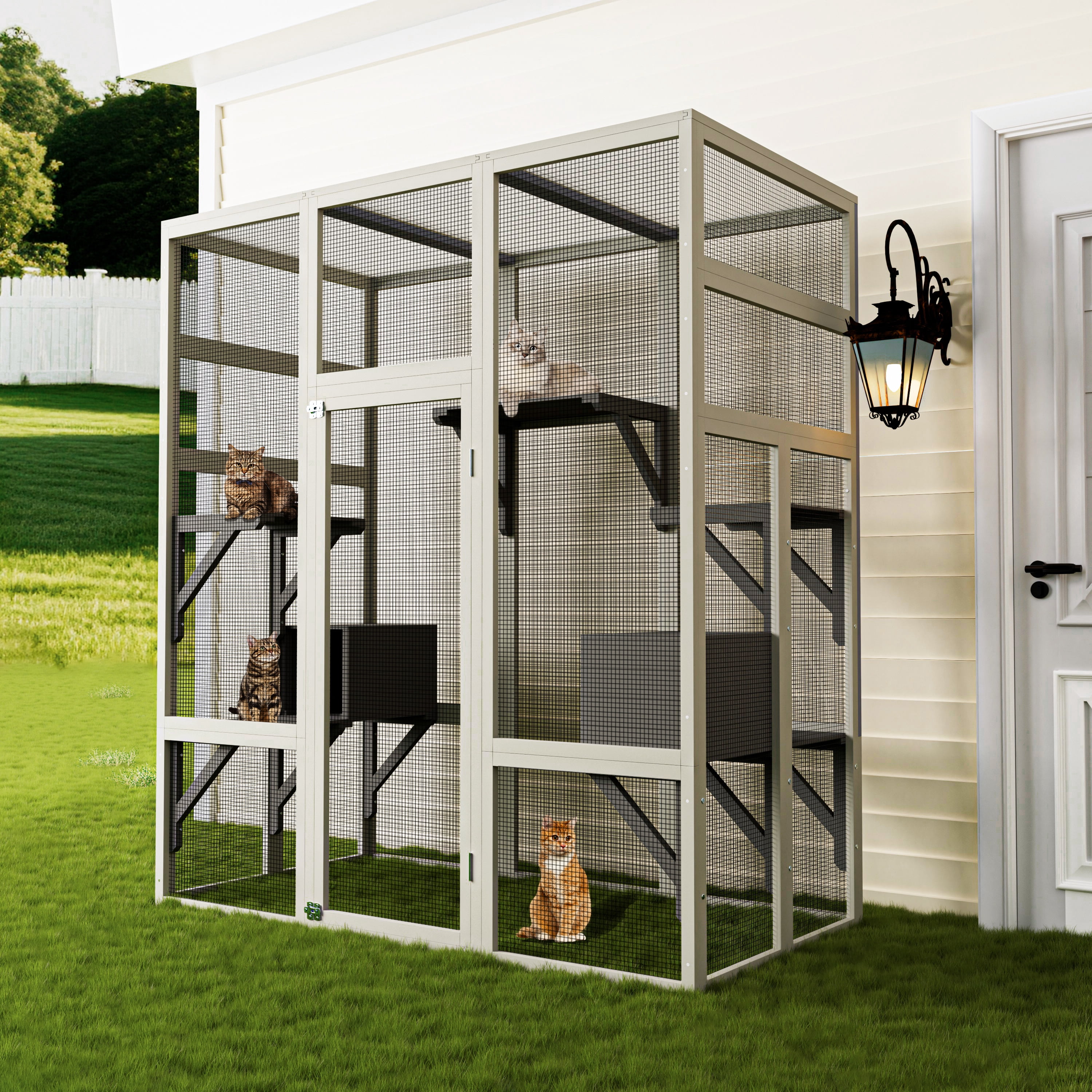 Outdoor Catio, Cat Enclosure with Platforms and Resting Boxes, UV-Resistant Roof, Solid Wood Construction with Rust-Proof Mesh, Window-Connectable Design for Indoor-Outdoor Use, 62.6 Inch Gray