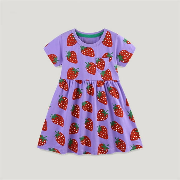 WOYY Girl's Strawberry Print Short Sleeve Play Dress Summer Casual Cute Dress, Sizes 1-7