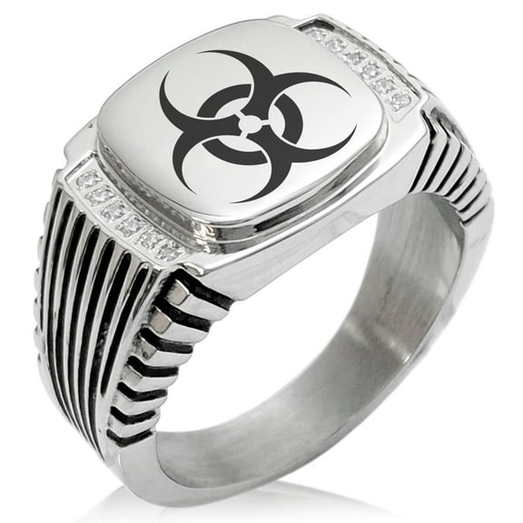 Stainless Steel Biohazard CZ Ribbed Needle Stripe Pattern Biker Style Polished Ring