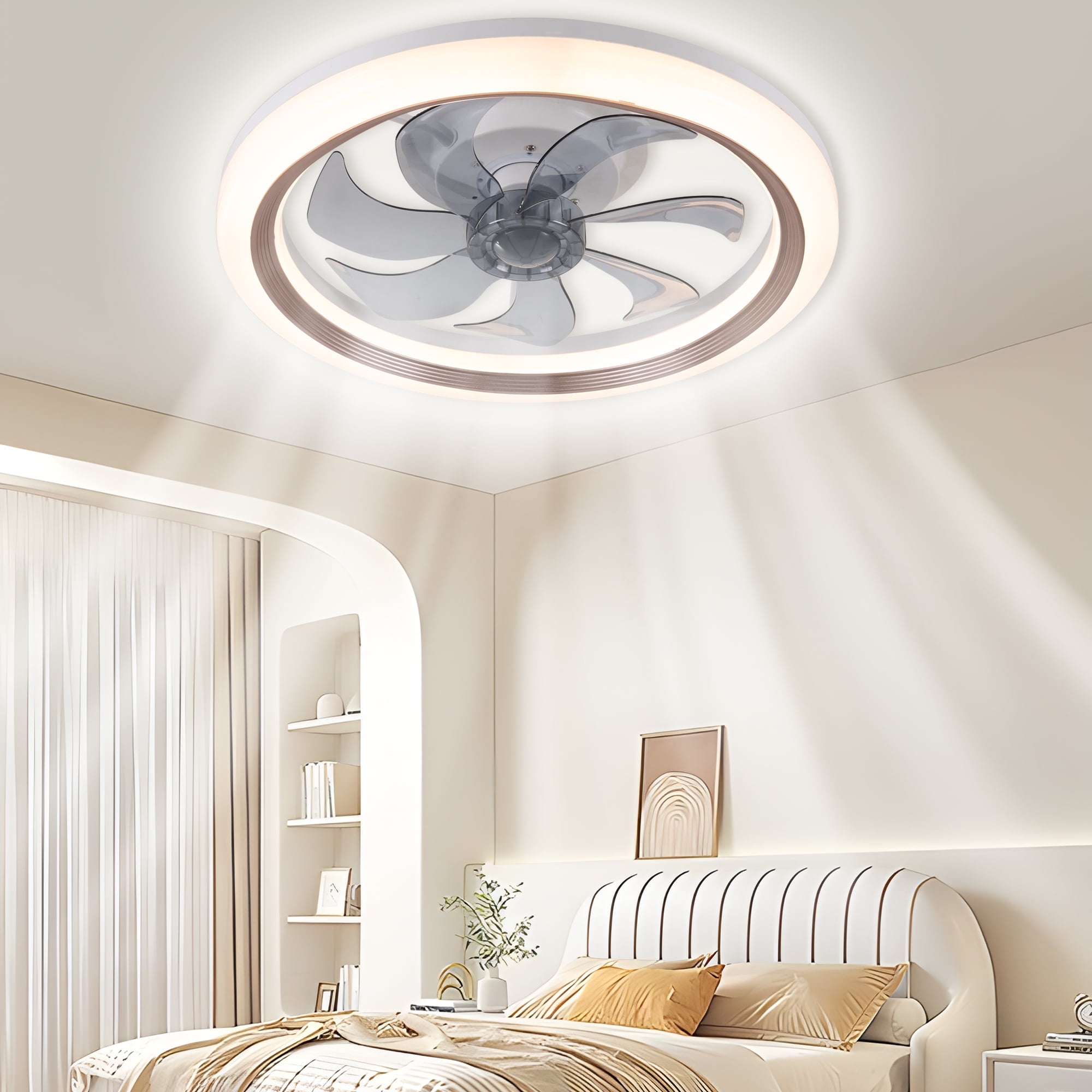LISUNAR Ceiling Fans with Lights,20" Low Profile Ceiling Fan with Light,Dimmable LED Ceiling Fan,Modern Flush Mount Fan Light,App & Remote Control,Bladeless Ceiling Fans for Bedroom,Living Room-Brown