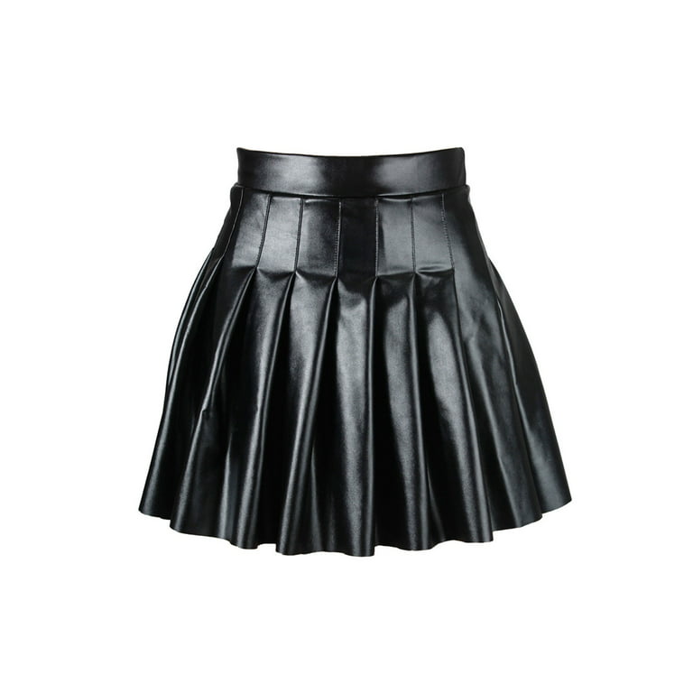 FOCUSNORM Women Pleated Skirt High Waist Faux Leather Short Mini