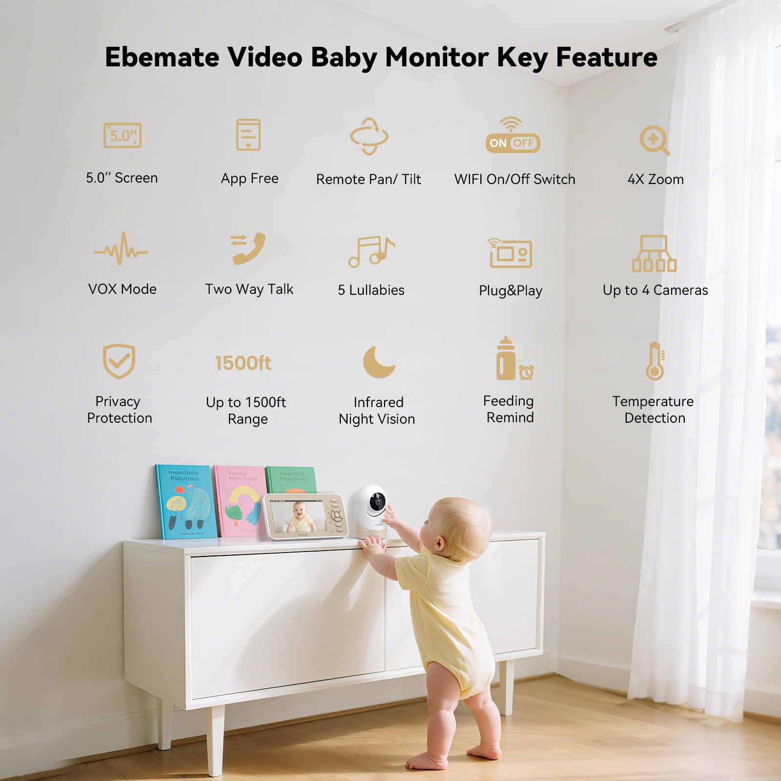 ebemate Video Baby Monitor Camera with Two Camera, 5" LCD Screen Video & Audio No Glow Night Vision,2-Way Talk Audio Cam Baby Monitoring 1500FT Range EBE50P-2