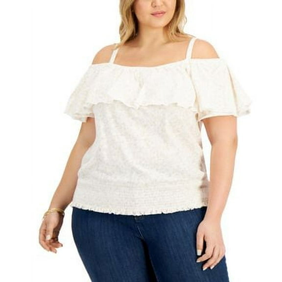 MSRP $65 Inc Plus Size Cotton Smocked Cold-Shoulder Top Beige Size 3X