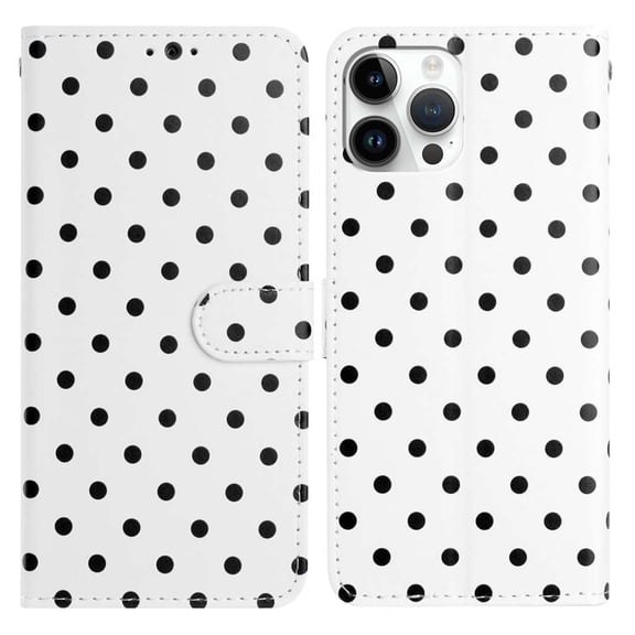 for iPhone 16 Pro Wallet Case with Wrist Strap - Faux Leather Flip Folio Phone Case with Card Holder Slot Kickstand Cute Aesthetic Small Round Dot Design for Women Ladies, White
