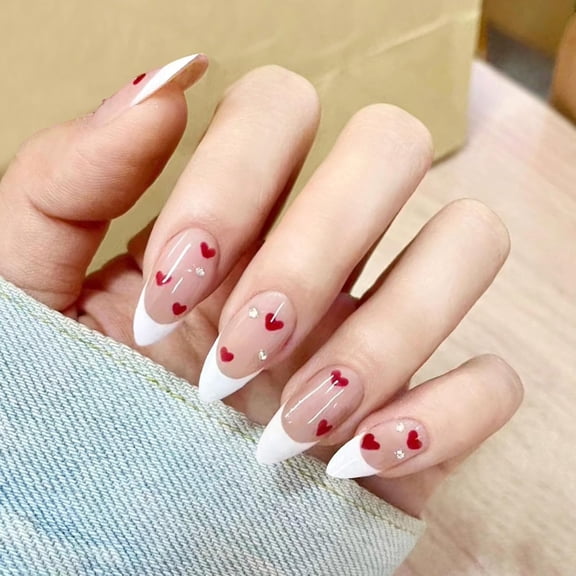 Medium Press on Nails Square Fake Nails with French Tip Heart Strawberry Design 3D Bow Glue on Nails Press ons Light Pink False Nails Stick on Nails for Women 24Pcs Light Pink White French Tip Heart
