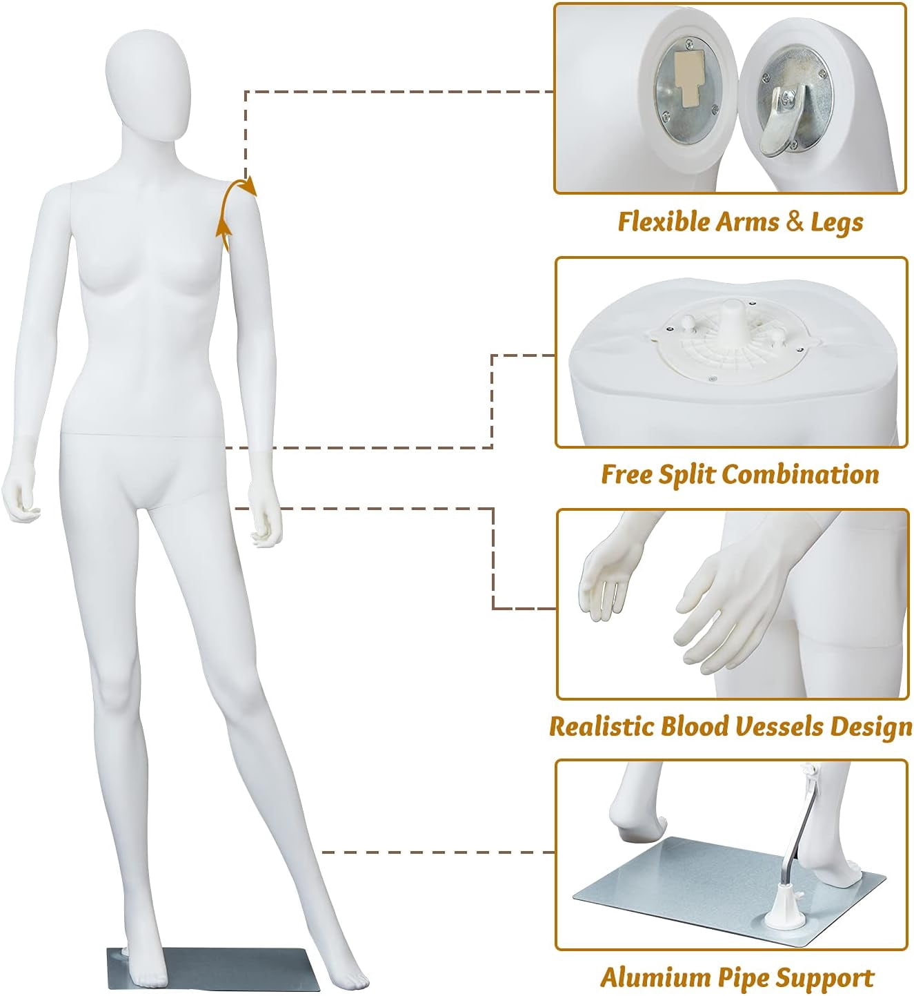 Kinbor 6FT Female Mannequin Dress Form Display, Manikin Torso Stand Realistic Full Body Mannequin for Retail Clothing Shops, Halloween Christmas Cosplay, White(Posture A)