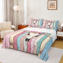 Feelyou Kawaii Sheep Skeleton Twin Sheet Sets, Blue Pink Rustic Cabin Twin Fitted Sheet, Cute Cowgirl Cowboy Flat Sheet, Luxury Bedroom Decor, 3 Pieces