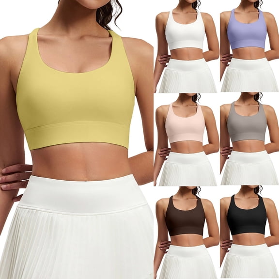 qafoshin Solid Color Sport Bras for Women Breathable Stretch Comfy Wirefree Workout Bras High Support Pad Mesh Racerback Bras