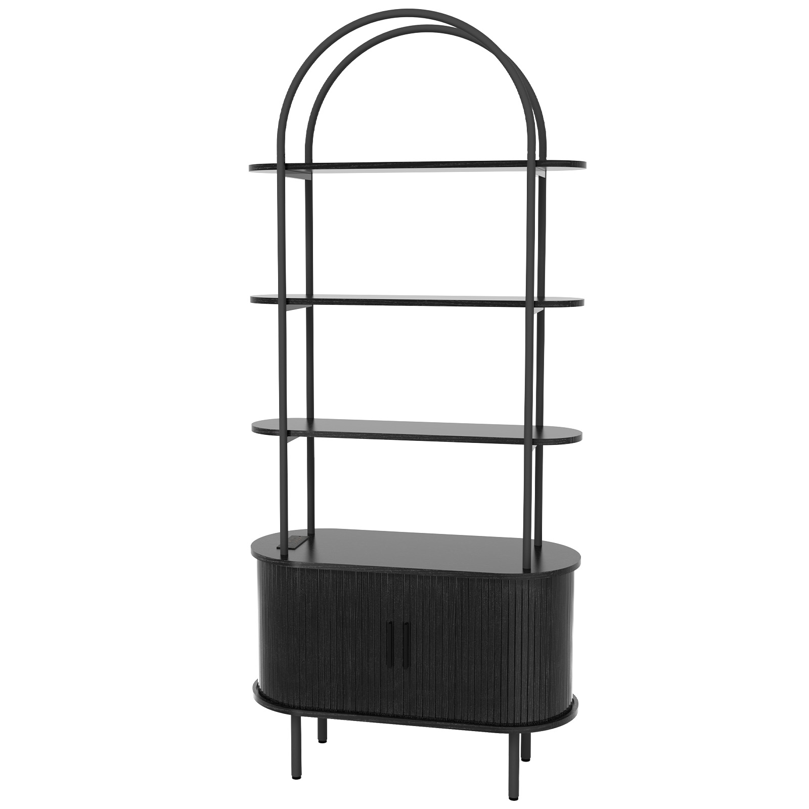 Arched Ceiling + 4-Layer Open Shelving + Double-Door Roller Shutter Display Case Display Rack with Socket (1USB+1Type-C) & Melamine Veneer & Iron Pipe Spray Paint, 31.5*13.78*70.87i, Black