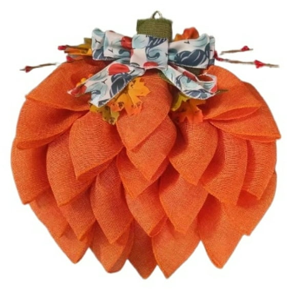 Eowqpy 13 Inch Orange Fabric Pumpkin Wreath for Door Hanging Decor