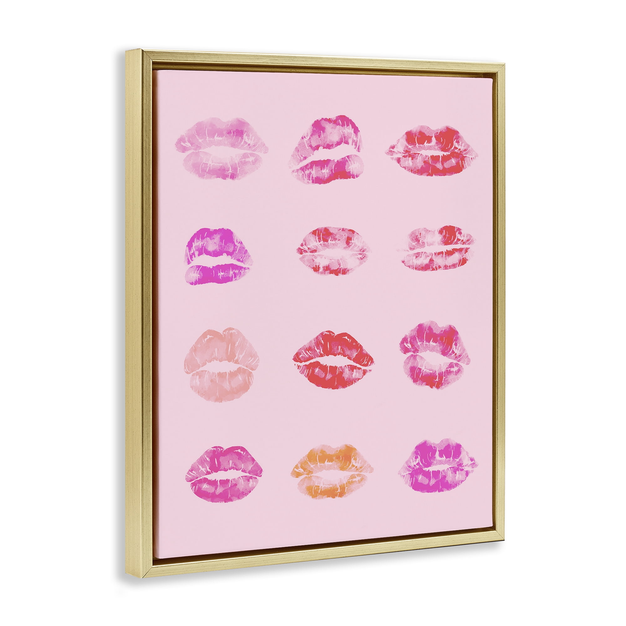 Stupell Industries Lipstick Kiss Pattern Beauty & Fashion Painting Gold Floater Framed Art Print Wall Art, 25 x 31