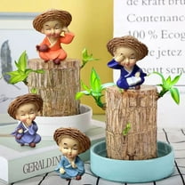 Brazilian Wood Potted Plant Home Office Decoration Set 4 Piece Pottery Monk Style Ornaments Tabletop Decorative Accents Minimalist Green Plant Decor for Living Room Workspace