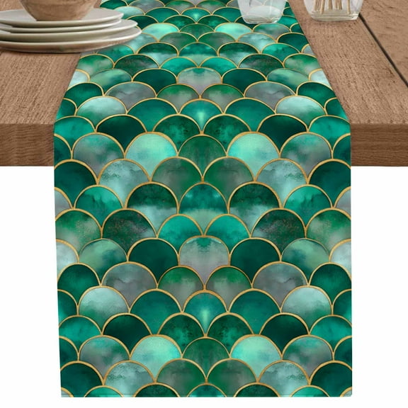 Bohemian Emerald Green Fish Scales Table Runner-70 Inch Long Retro Abstract Table Runners Linen Burlap Tablerunner for Kitchen Dining Room Holiday Party