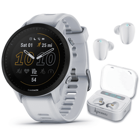 Garmin Forerunner 955, GPS Running Smartwatch, Tailored to Triathletes, Long-Lasting Battery, Whitestone with Wearable4U White EarBuds Bundle