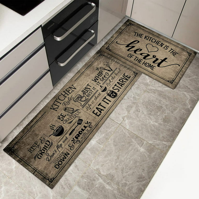 KIMODE Kitchen Rugs and Mats 2PCS,Washable Farmhouse Kitchen Mats for Floor  with Non-Slip Rubber Backing,Absorbent Beige Runner Rugs Set for Front of