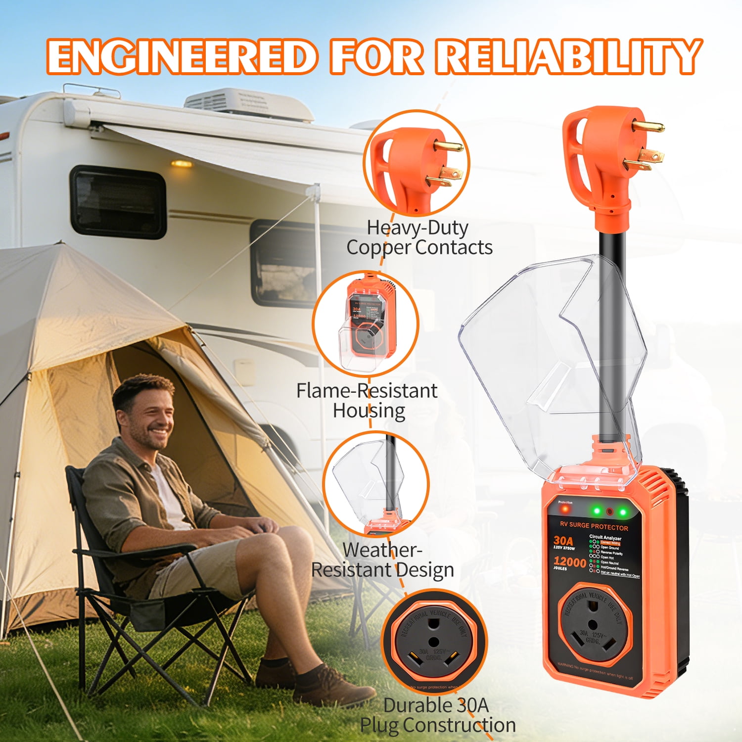 Askmuse RV Surge Protector 30 Amp, 12000 Joules Camper Power Protector, Smart Circuit Analyzer with LED Indicator, Waterproof Electrical Protection, 30 Amp RV Plug, Motorhome Camper Accessories