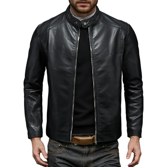 Men's Leather Jacket Winter Warm Long Sleeve Outerwear Casual Coat for Daily Wear