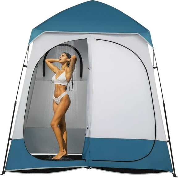 WYDK Oversize 2 Rooms Shower Tent, 7.5 FT Outdoor Pop up Changing Room, Instant Extra Wide Privacy Shelter for Camping Dressing Toilet Bathroom with Carry Bag, Blue & White