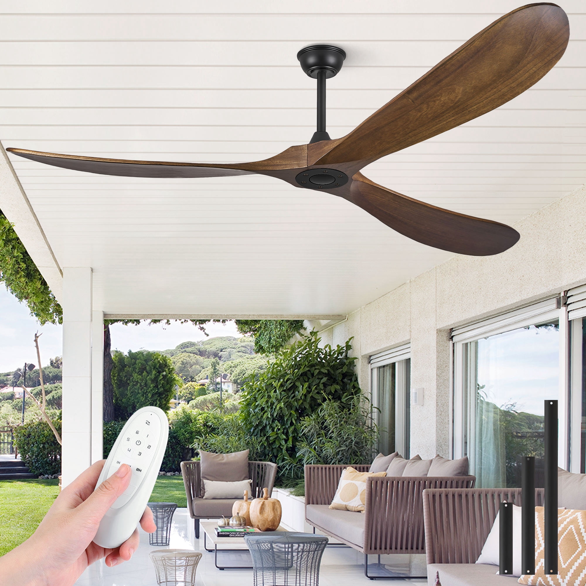 72 Inch Solid Wood Walnut Coastal Farmhouse Indoor Outdoor Patio Propeller Ceiling Fan with Remote DC Motor
