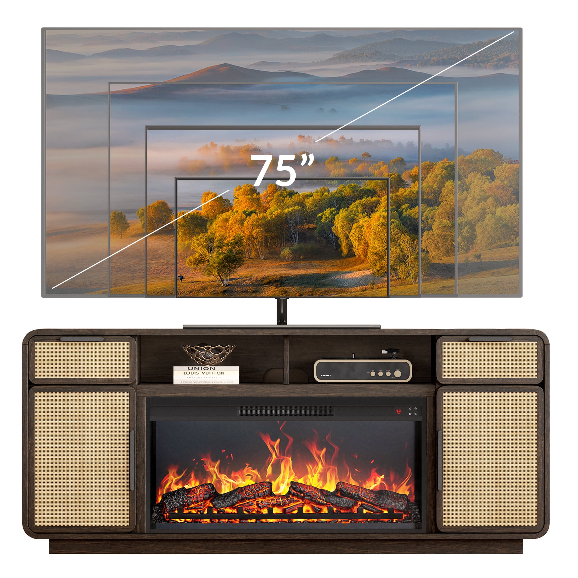 BELLEZE 68" TV Stand for TV Up to 75", Entertainment Center with 36" Electric Fireplace Heater, Rattan Decorated Console Table Storage Cabinet for Living Room, Bedroom - Bower(Brown)