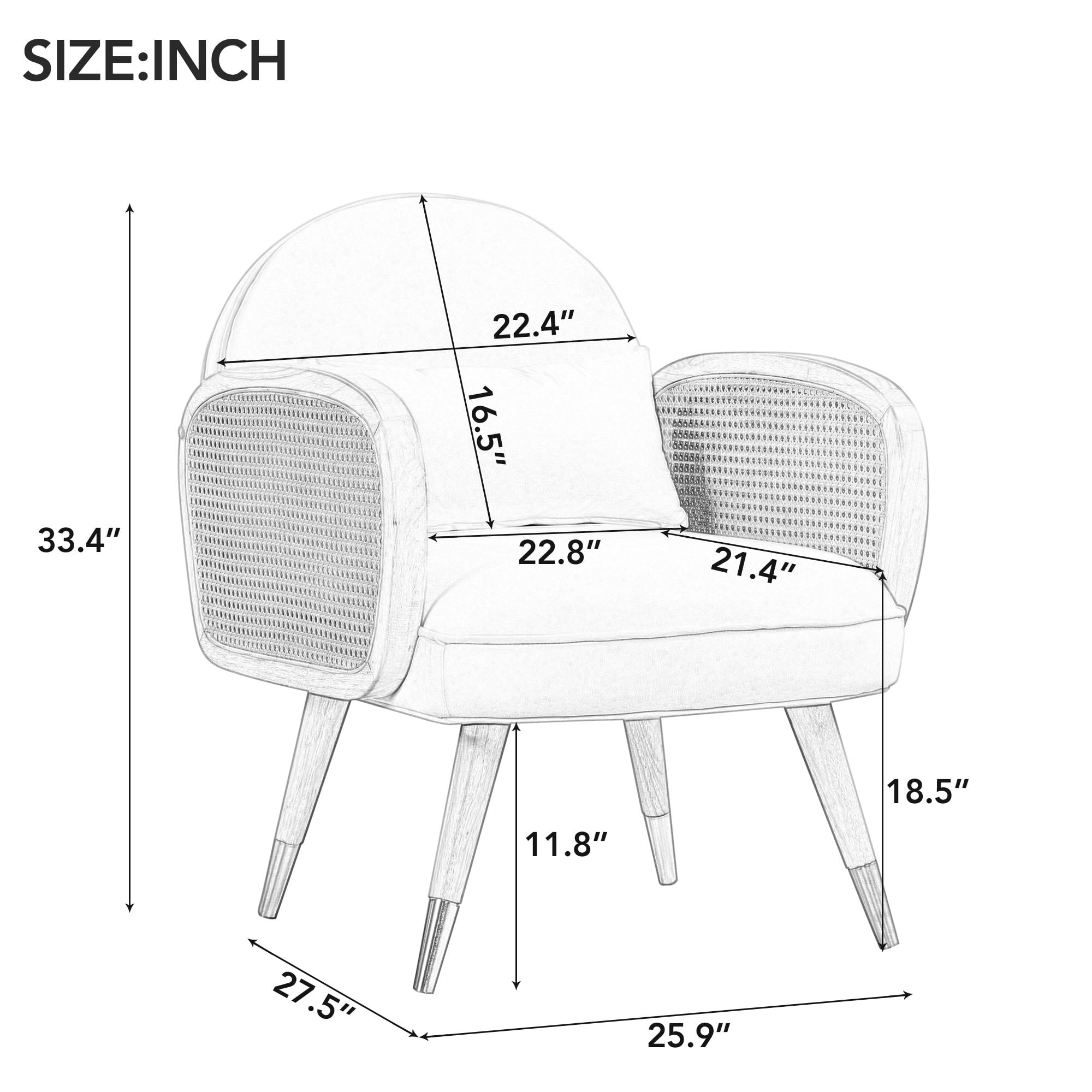 DEALTOPS Armchair with Rattan Armrest and Metal Legs, Mid Century Modern Accent Chairs, White