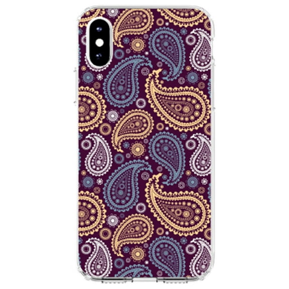 DistinctInk Clear Shockproof Hybrid Case for iPhone X / XS (5.8" Screen) - TPU Bumper, Acrylic Back, Tempered Glass Screen Protector - Purple Yellow Blue Paisley