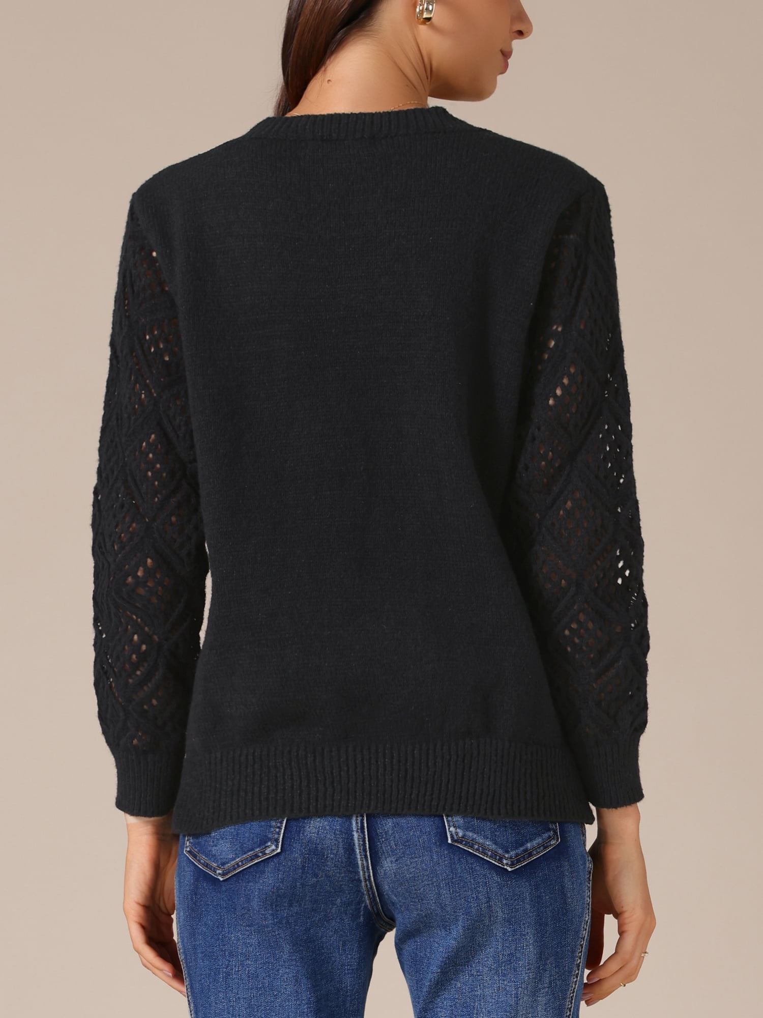DARING DIVA Women's V Neck Hollow Out Long Sleeve Crochet Sweater Tops M Black