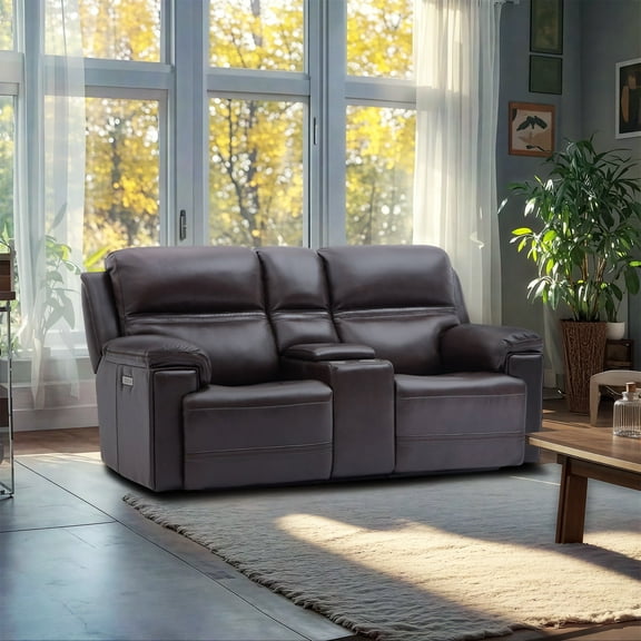 Genuine Leather Dual Power Reclining Loveseat with Console, Zero Gravity, Adjustable Headrest Footrest, USB/Type-C & Cross-stitching Detail