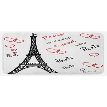 Eiffel Tower Kitchen Mat, Eiffel Tower Paris is Always an Idea Tourism Locations Love, Plush Decorative Kitchen Mat with Non Slip Backing, 47" X 19", Red Black White, by Ambesonne