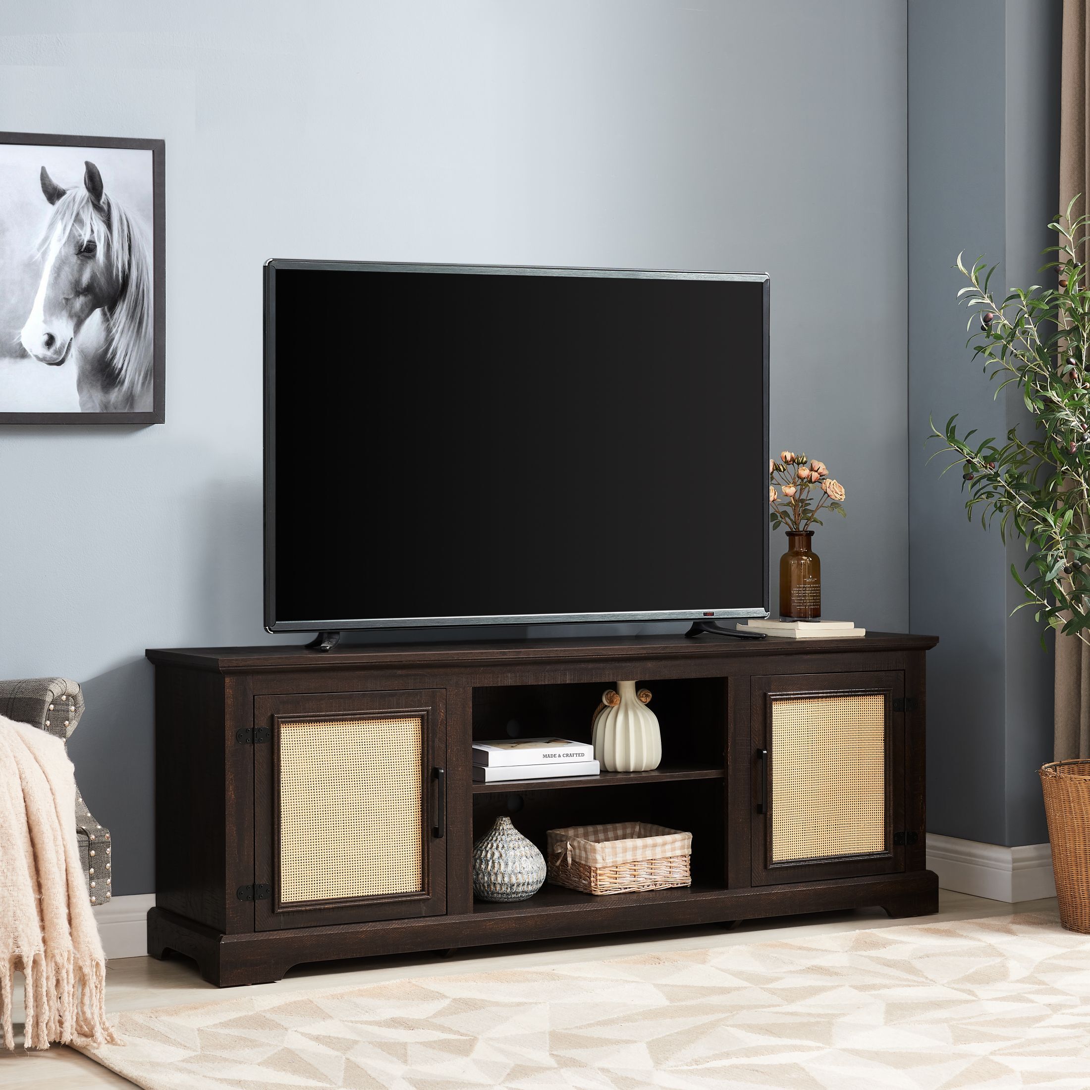 DEALTOPS Farmhouse TV Stand with Rattan Doors and Adjustable Shelves for TVs Up to 70'', Espresso