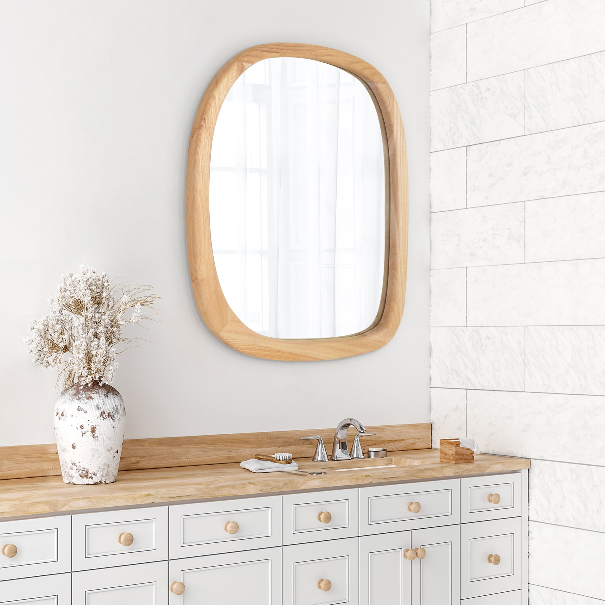 Americanflat 22" x 28" Natural Sycamore Modern Asymmetrical Wall Mirror