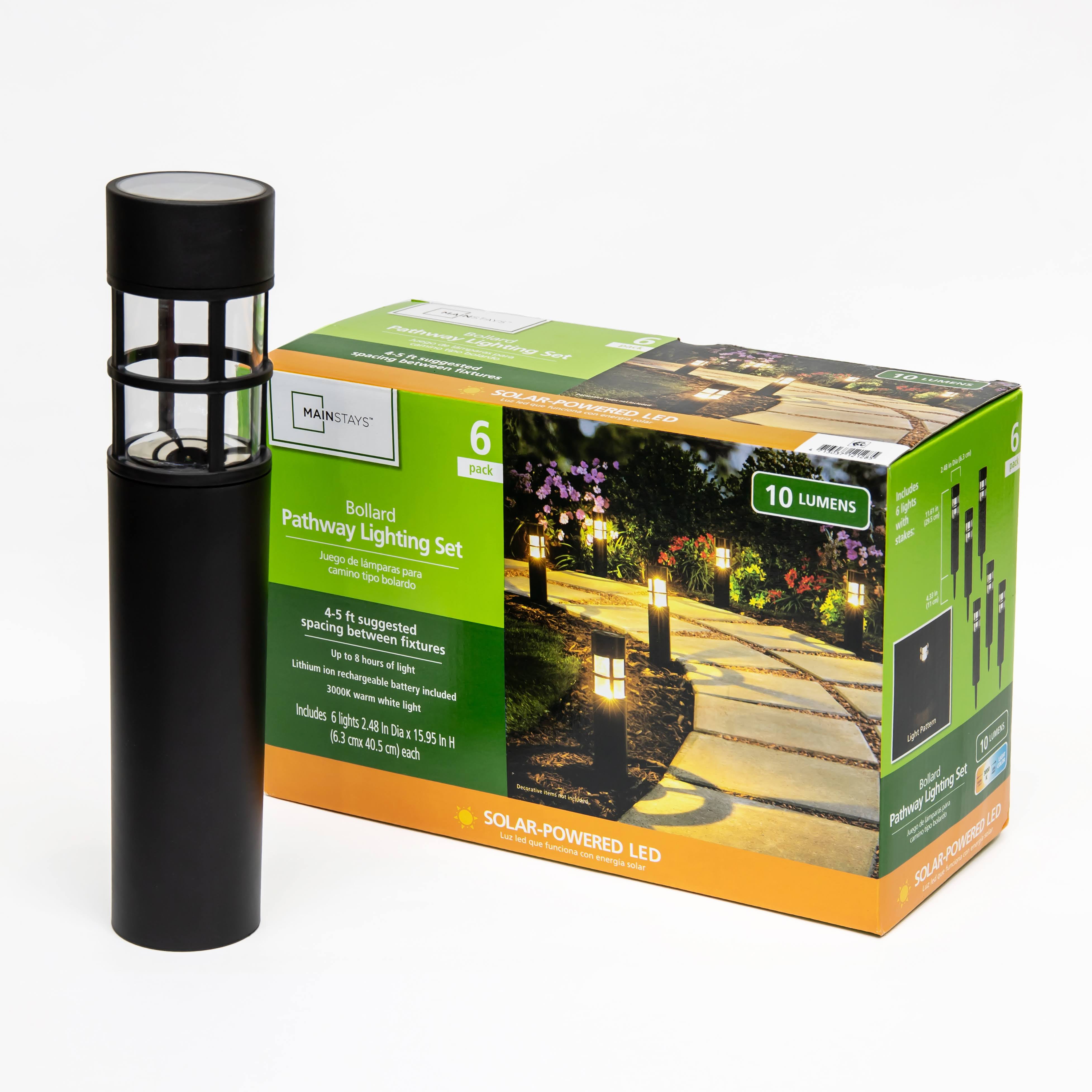 (2 pack) Mainstays Solar Powered Black Bollard Landscape Path Light, 10 Lumens (6 Count)