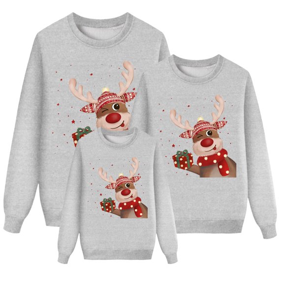 QTSHPN Family Matching Outfits Christmas Long Sleeve Cute Deer Print Hoodless Pullover Sweatshirt Blouse Dad Soft Cozy Mens Sweatshirt