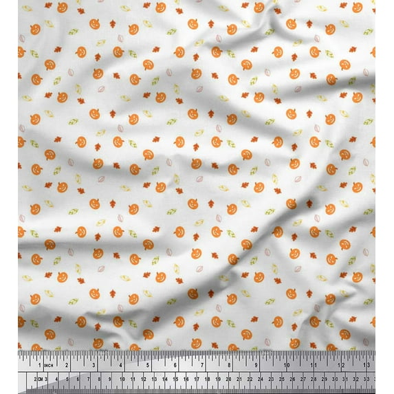 Soimoi Japan Crepe Satin Fabric Leaves & Pumpkin Halloween Print Fabric by The Yard 42 Inch Wide