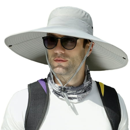 Kitem Men Outdoor Hat Foldable Large Brim Hollow Mesh Windproof Chin Strap Portable Anti-UV Sunscreen Gardening Camping Fishing Travel Cap