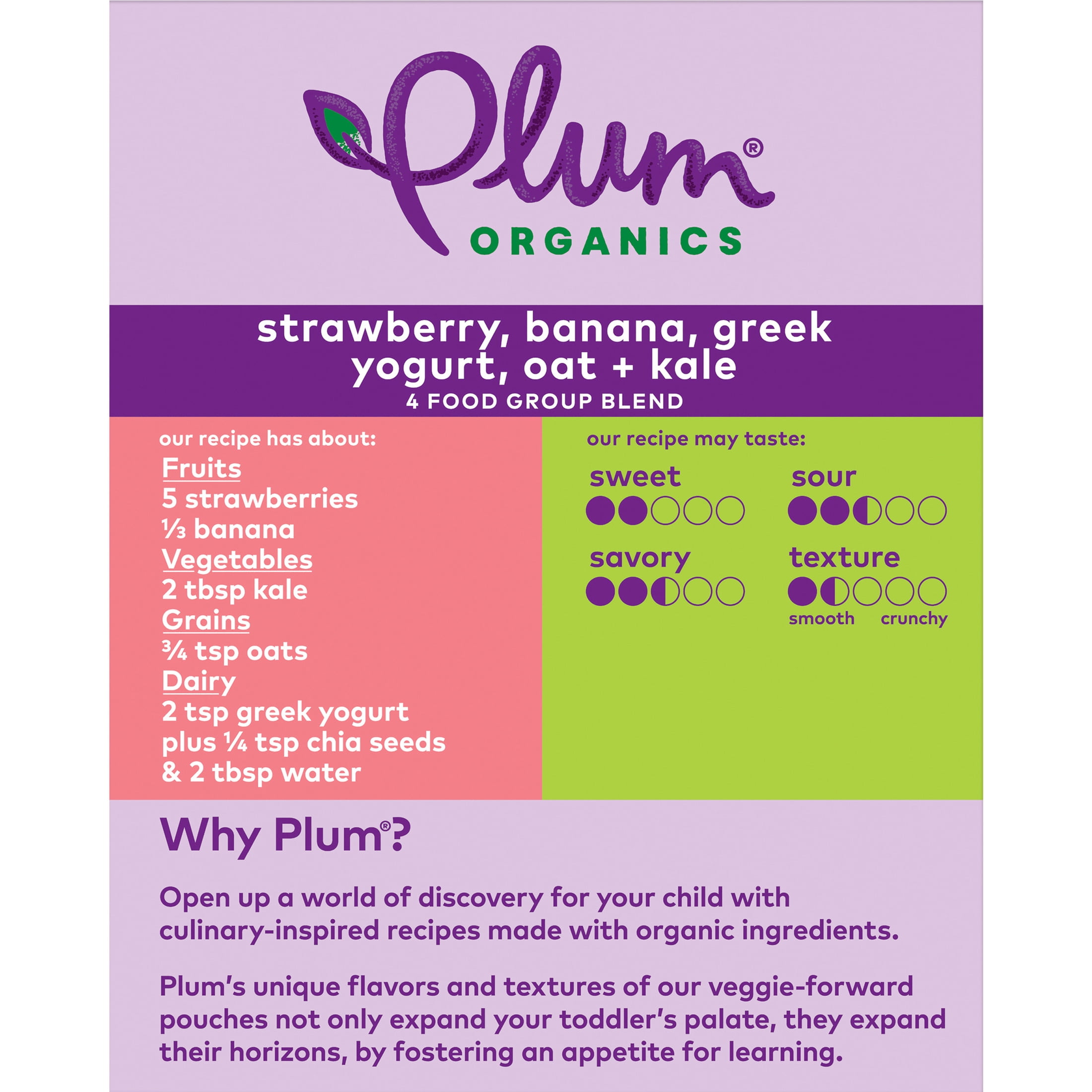 (4 pack) Plum Organics® Tots Mighty 4 Food Group Blend Strawberry, Banana, Greek Yogurt, Oat + Kale 4oz Pouch-4-Pack