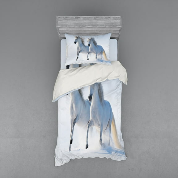 Ambesonne Winter Bedding Set 3 Pcs, Wintertime Horse Animal, Twin, White