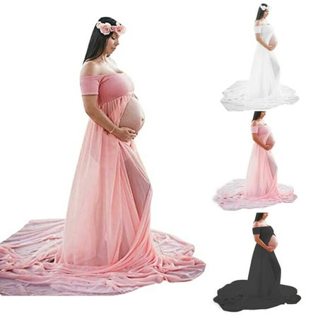 

Cheers.US Maternity Off Shoulder Chiffon Gown for Photography Split Front Maxi Pregnancy Dress for Photoshoot