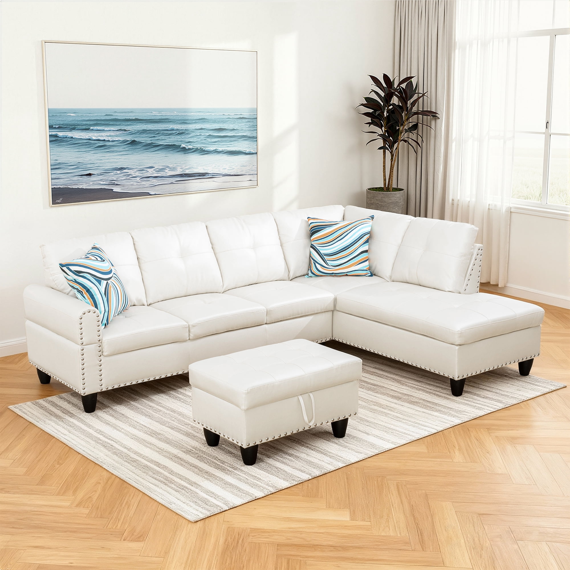 MAYEERTY 97.5" Faux Leather Sectional Sofa, 3-Piece Modular Couch Living Room Sofa Set with Ottoman, White (Right)
