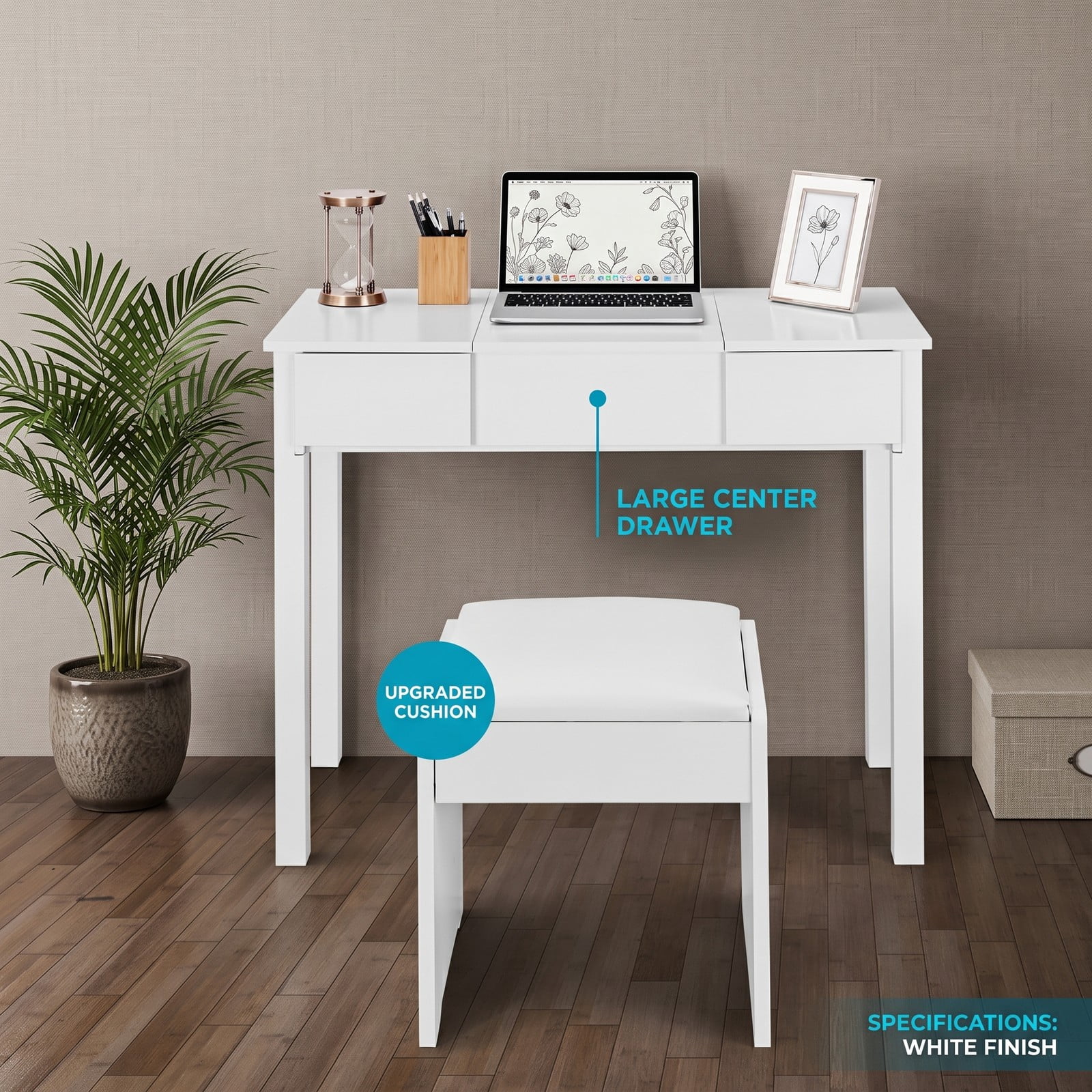 Furnibear Vanity Makeup Dressing Table Set with Flip Top Mirror and Cushioned Stool, Makeup Vanity Desk with 2 Drawers and Hidden Storage, White