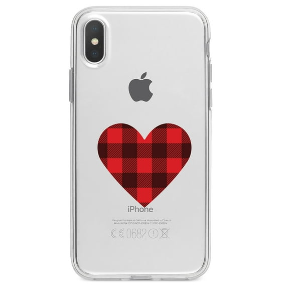 DistinctInk Clear Shockproof Hybrid Case for iPhone X / XS (5.8" Screen) - TPU Bumper Acrylic Back Tempered Glass Screen Protector - Buffalo Heart - Red Black Plaid