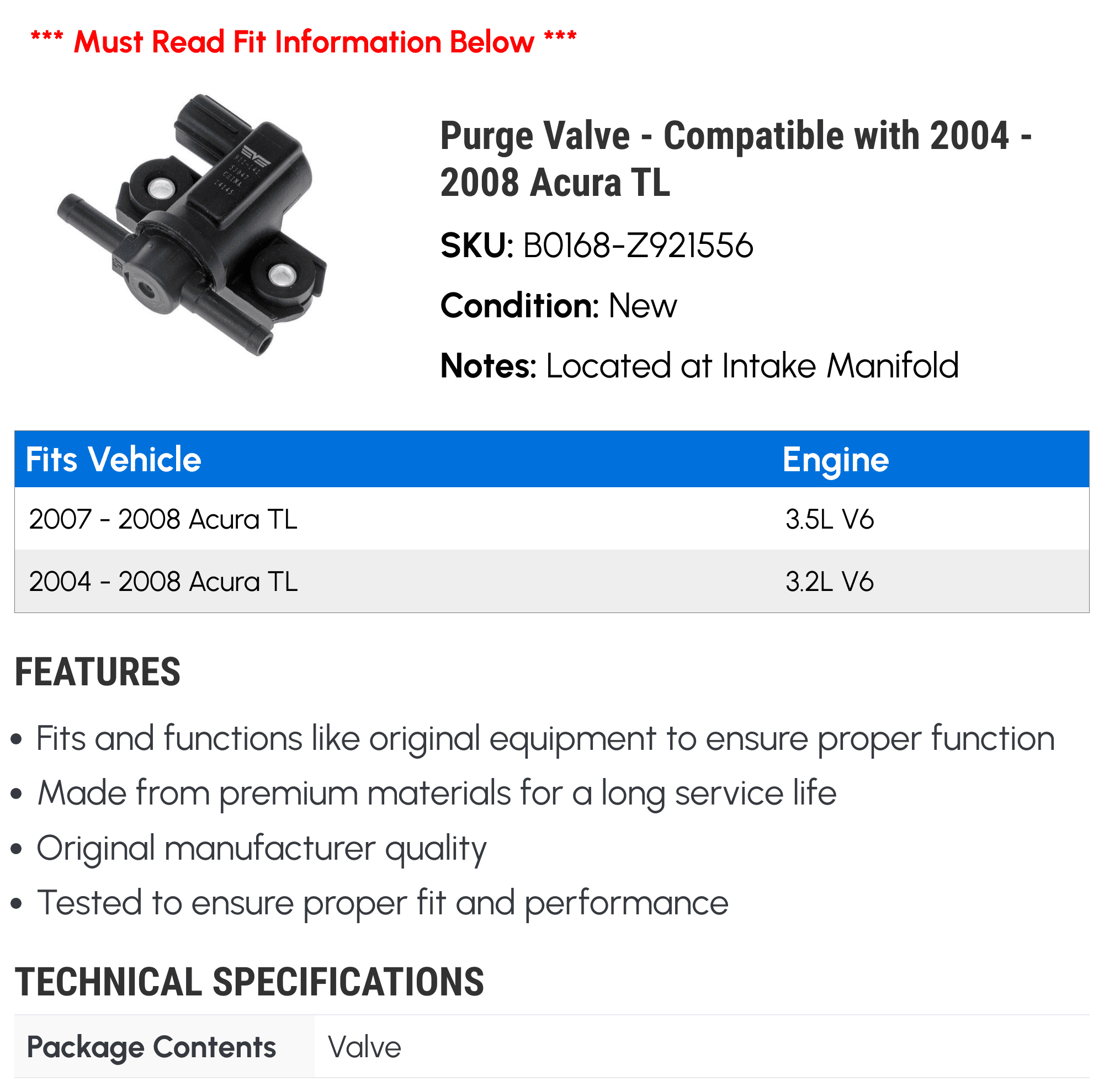 Purge Valve - Compatible with 2004 - 2008 Acura TL 2005 2006 2007