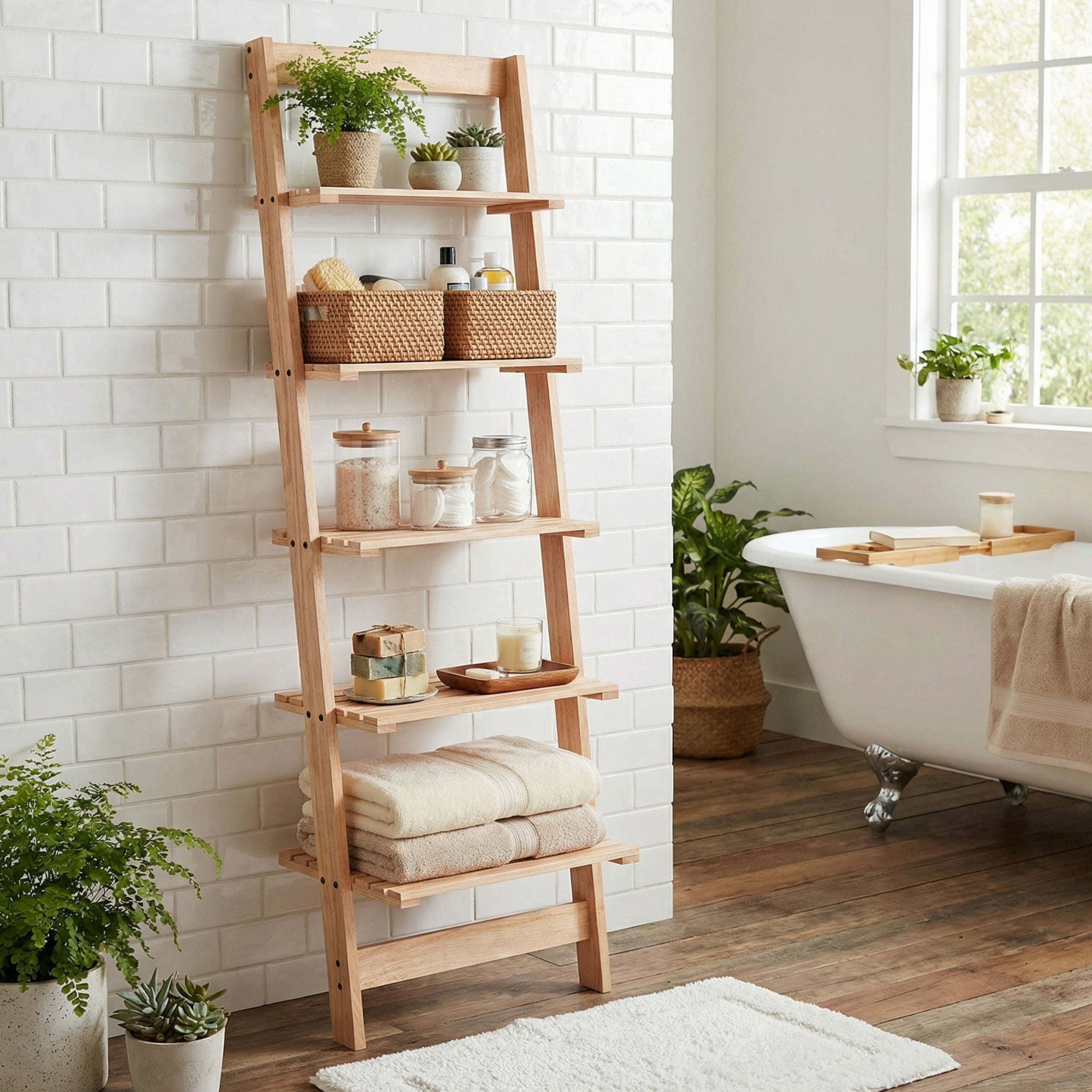 Lavish Home Bookshelf 5-Tier Ladder Shelf with Leaning Look, Bookcase for Home Decor and Office Storage, Gray